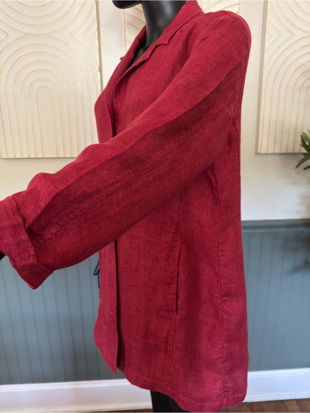 Eileen Fisher 100% Linen Raspberry Red Long Jacket | Chic Lightweight Layer - Picture 11 of 17